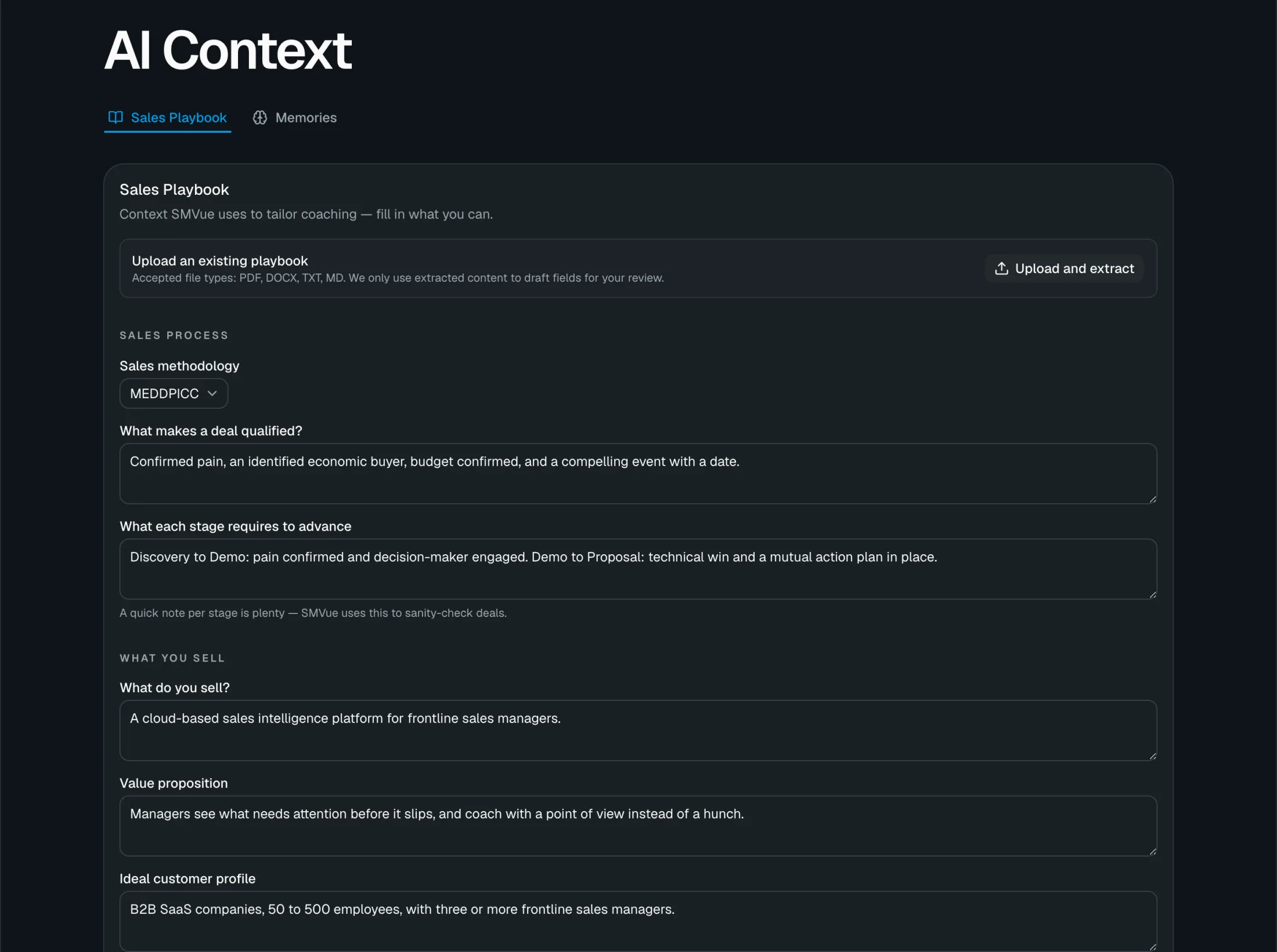 A filled-in Sales Playbook in AI Context: methodology, what makes a deal qualified, stage-advance criteria, and what you sell
