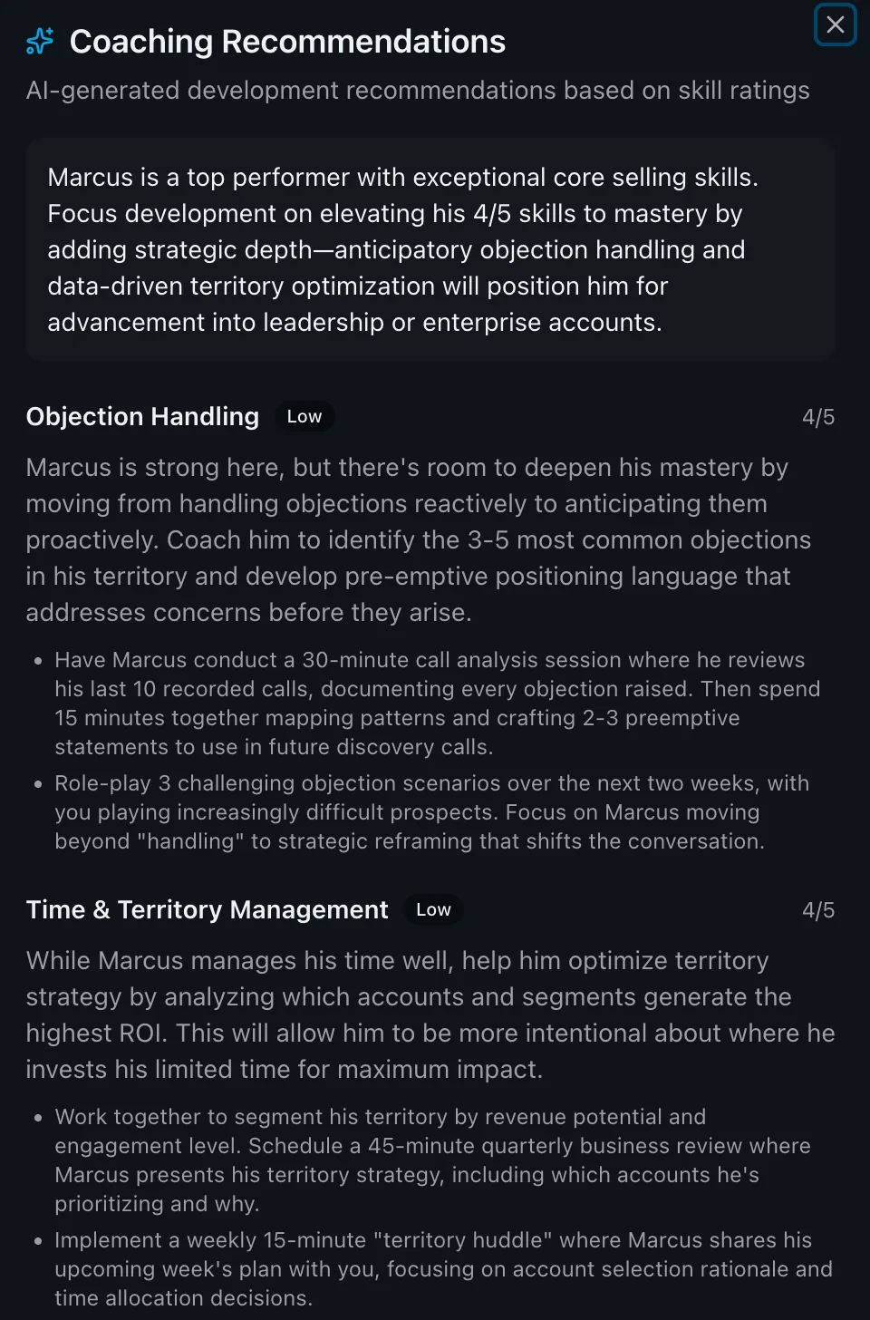 Data-backed coaching recommendations with objection handling and territory management insights